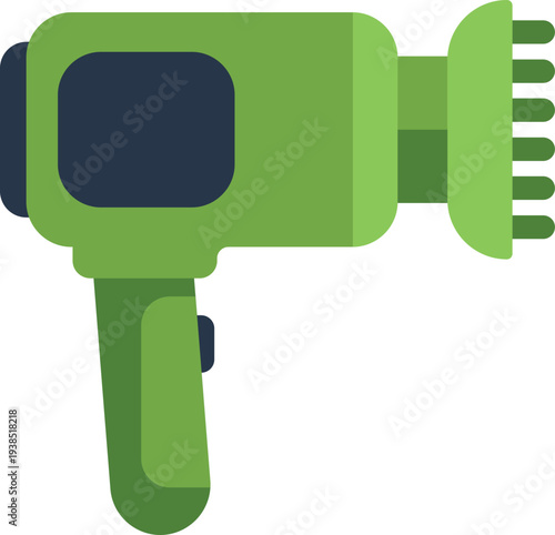 Green hair dryer with a diffuser attachment, used for beauty and personal care