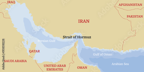 Strait of Hormuz background. Topographic map of the Strait of Hormuz. Middle East banner. World oil supply routes