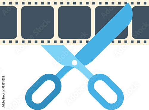 Scissors cutting a filmstrip, symbolizing video editing, media production, and content trim