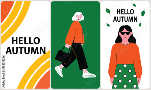 Fashionable women in orange sweaters walking and posing with happy emotions for hello autumn greeting on flat backgrounds.