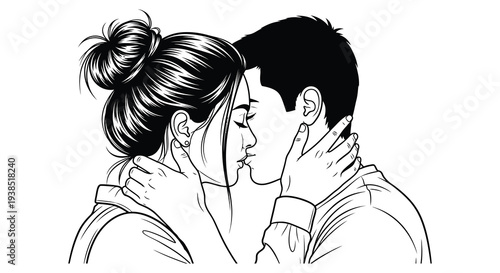 A black and white illustration depicts a couple intimately kissing with eyes closed high quality professional