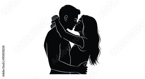 A silhouette of a couple embracing in a passionate intimate kiss against a white background