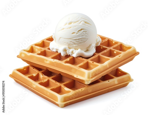 Two golden waffles stacked, topped with a scoop of creamy white ice cream, against a stark white background