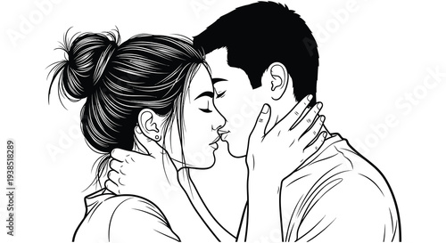 A black and white illustration depicts a couple intimately kissing faces close together high quality professional
