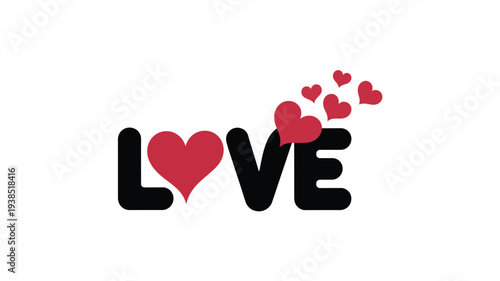 Love typography with red heart symbol and floating hearts representing romance, relationship, valentines day greeting, affection concept