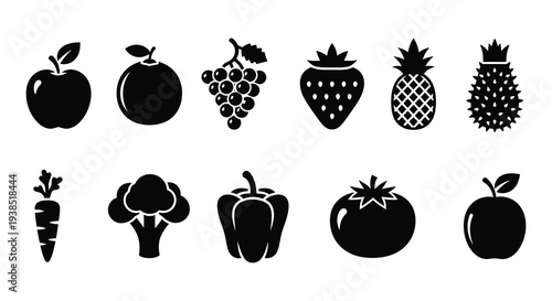 A collection of black silhouette icons representing various fruits and vegetables high quality professional detailed modern