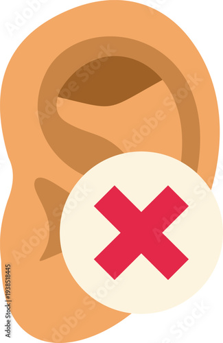 Human ear with a red cross icon symbolizing hearing impairment or inability to hear