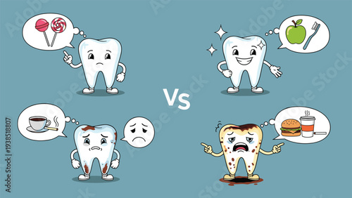 Educational comparison displays healthy smiling teeth versus decaying teeth caused by sugary snacks and poor dental hygiene habits.