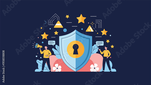 Two professional people stand by a large blue shield with a keyhole representing digital security and privacy protection.