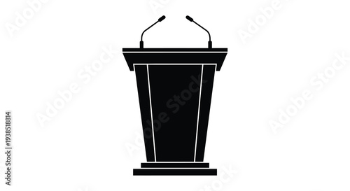 A minimalist black silhouette of a podium with two microphones isolated on a white background