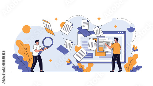 Team of researchers efficiently organize and search through numerous digital documents flying out from a large computer window.