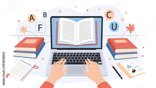 Person engages in online learning with a digital book displayed on a laptop screen surrounded by physical study materials.