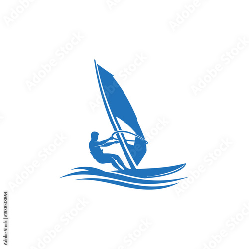 Windsurfer Silhouette on Water Waves Vector Graphic.