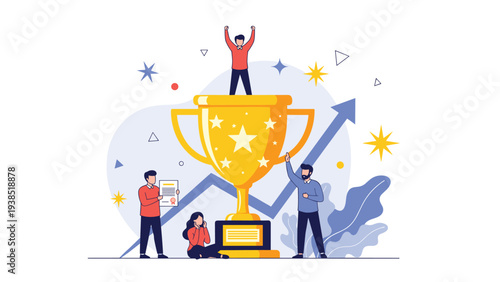 Group of triumphant individuals celebrates a major accomplishment around a massive golden trophy symbolizing victory and excellence.