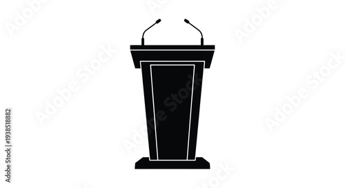 A black silhouette of a podium with two microphones isolated on a plain white background