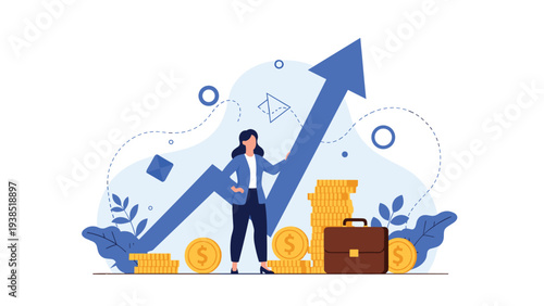 Empowered business woman stands confidently next to a rising growth arrow and stacks of gold coins for financial success.