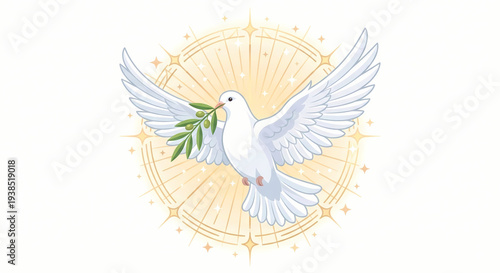 White peace dove with olive branch in golden radiant light easter resurrection concept