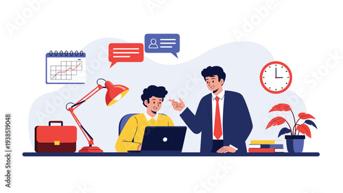 Two professional colleagues engage in a productive business discussion at a desk equipped with a laptop and office tools.