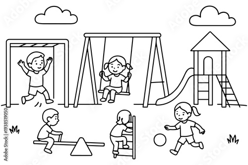 Children Playground Activity Isometric Line Drawing Vector