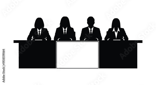 A black silhouette of a judging panel seated behind a long table with a blank display