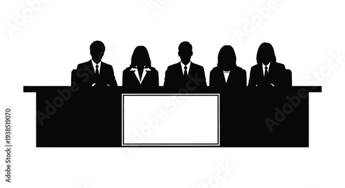 A panel of five silhouetted figures seated behind a long rectangular table with a blank screen