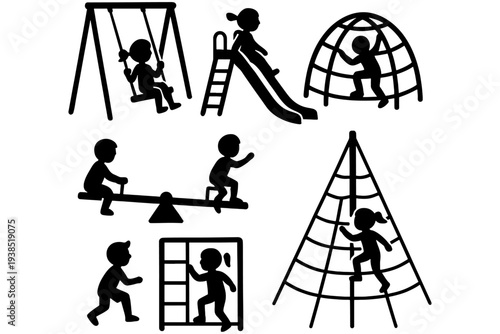 Boys and Girls Playing in Playground Silhouette Vector Set for Kids Activities