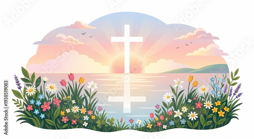 White cross reflecting in water surrounded by spring flowers at sunrise easter background