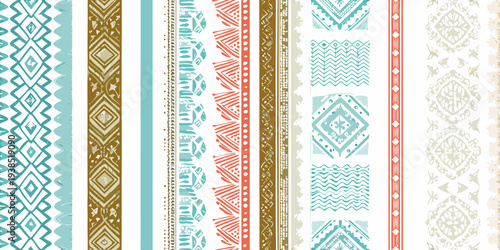 Colorful vertical stripes featuring intricate tribal and geometric patterns