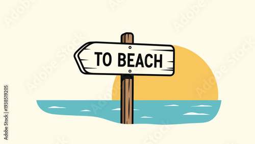 Rustic wooden sign points the way to the beautiful sandy beach against a vibrant sunset and calm blue ocean horizon.