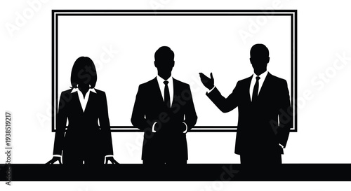 Silhouettes of three business professionals presenting against a white backdrop framed in black high quality professional