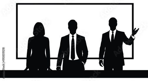 Silhouettes of three business professionals presenting or speaking in front of a blank screen high quality