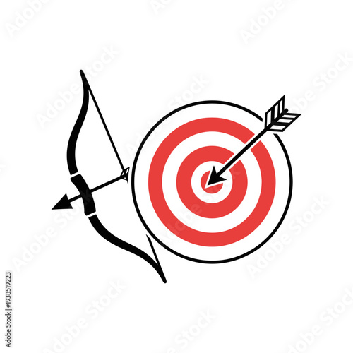 Simple illustration of a bow and arrow hitting a target.