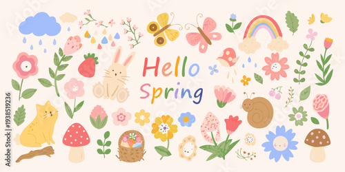 A cheerful spring illustration featuring flowers butterflies and cute animal characters