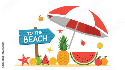 Festive summer scene features a beach sign surrounded by an abundance of fresh tropical fruits and seaside accessories.