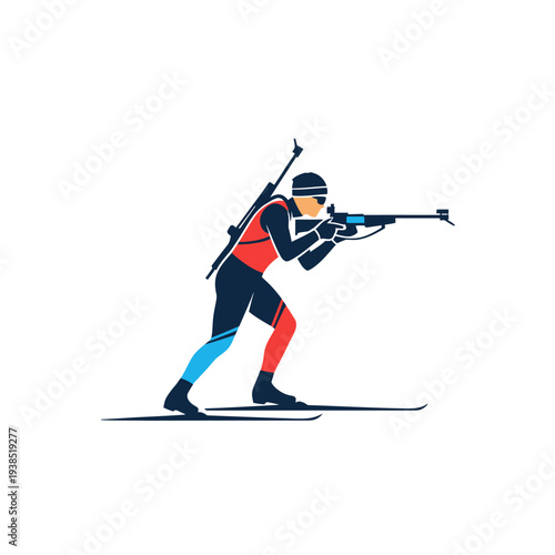 Biathlete in action on skis with rifle.
