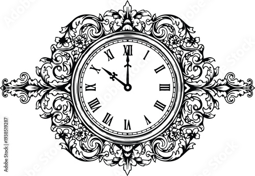 Elegant clock with Roman numerals in ornate floral frame