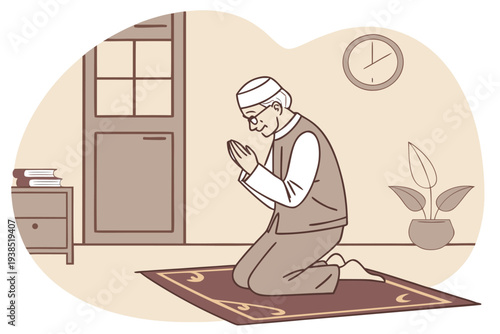 Elderly Muslim Man Praying on a Mat at Home