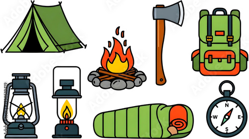 Camping essentials including tent, axe, backpack, lanterns, campfire, sleeping bag, and compass, arranged neatly on a white background, viewed from directly above.