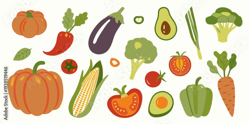 Colorful assortment of fresh vegetables and fruits in a flat design