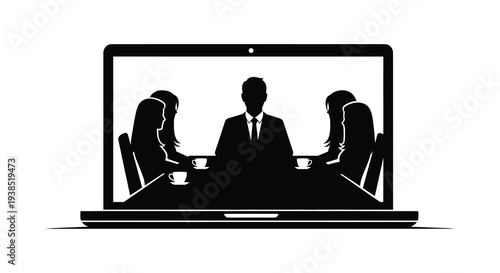 A black silhouette of a business meeting displayed on a laptop screen symbolizing remote work