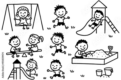 Funny Kids Playground Doodle Vector – Swing Slide Seesaw Sandbox Hand Drawn Illustration