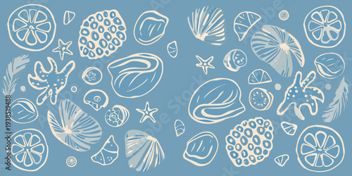Stylized illustration of seashells citrus and marine life on blue