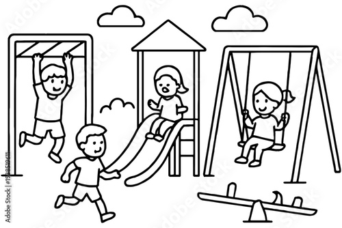 Kids Playground Isometric Line Art – Children Playing Outdoor Activities
