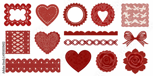 Collection of ornate red paper cutouts in various decorative shapes