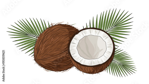 Tropical composition features a whole brown coconut and a fresh white half paired with vibrant green palm leaves.