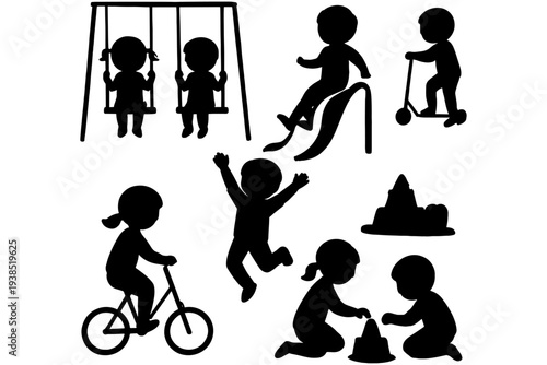 Kids Playing in Playground Silhouette Collection – Swing Bike Kite Sandcastle Icons
