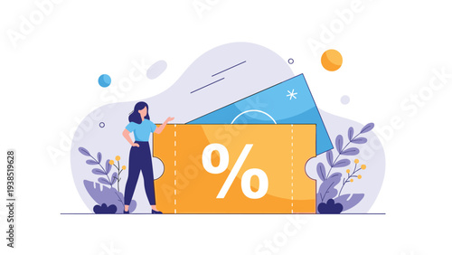 Professional woman presents a giant discount coupon with a percentage symbol for a promotional marketing campaign.
