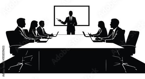 A business meeting in progress with a presenter and attendees seated around a table high quality