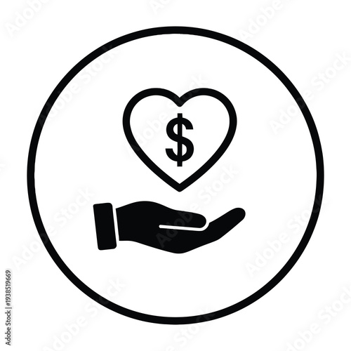 A hand gently cradles a heart symbolizing generosity and financial support featuring a bold dollar sign inside to emphasize trust and prosperity in modern business or charitable concepts