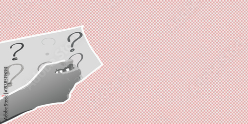Hand holding cards with question marks against a pink checkered background